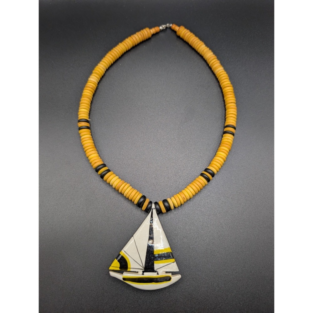 Vintage 1980s Style Wood Disc Bead Sailboat Necklace Retro Coastal Beach Boho